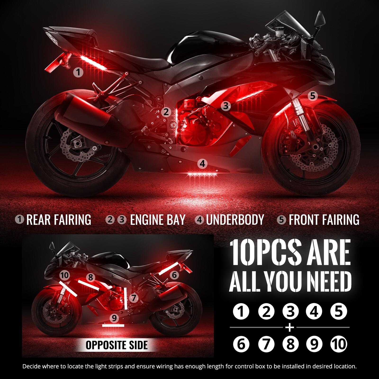 OPT7 Motorcycle LED Light Kit All-Color Underglow Neon Strip 10pc Double Cruise