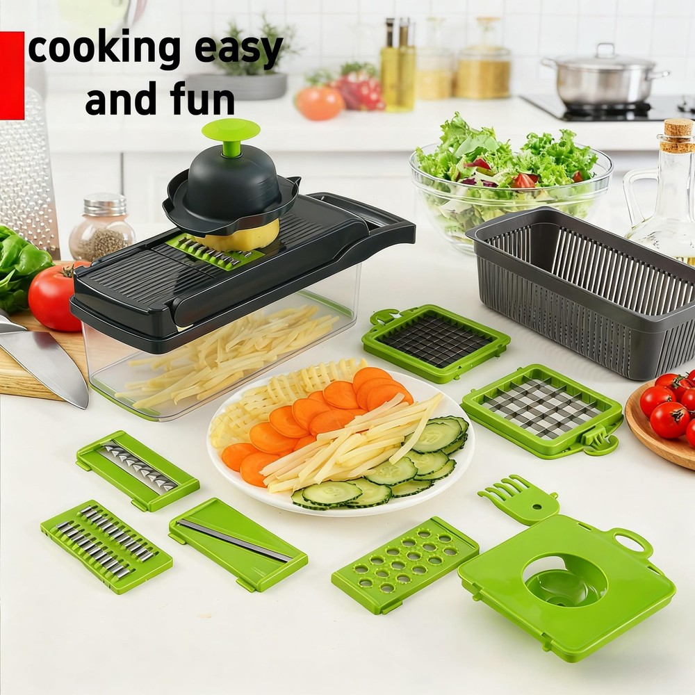 Vegetable Chopper, 7-in-1 Multifunctional Kitchen Slicer & Dicer with 7 Inter...