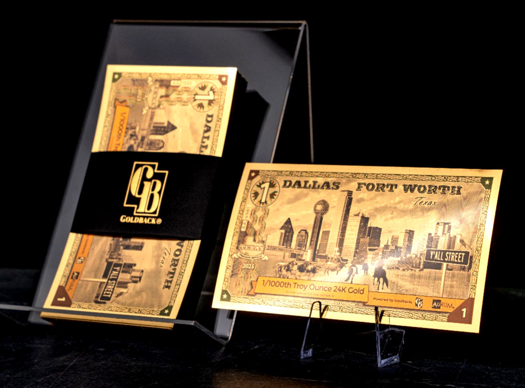 1 DALLAS FORT WORTH TEXAS GOLDBACK AURUM 24K GOLD NOTE 1/1000 OZ .999 GOLD BU