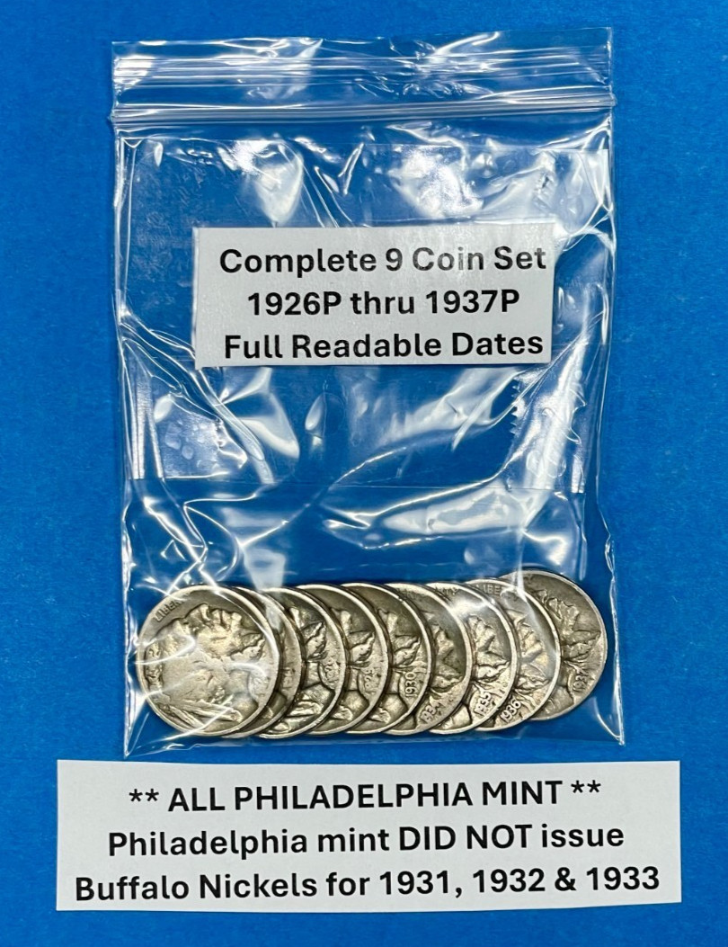 Complete Buffalo Nickels Set of 9 FULL DATE COINS 1926P to 1937P ~ SHARP COINS!