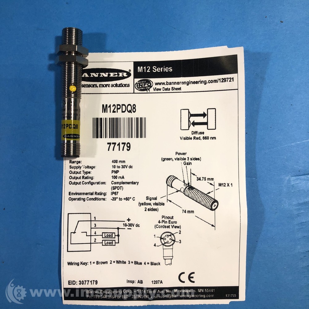 Banner Engineering Corp. M12PDQ8 Barrel-Mount Sensor FNFP