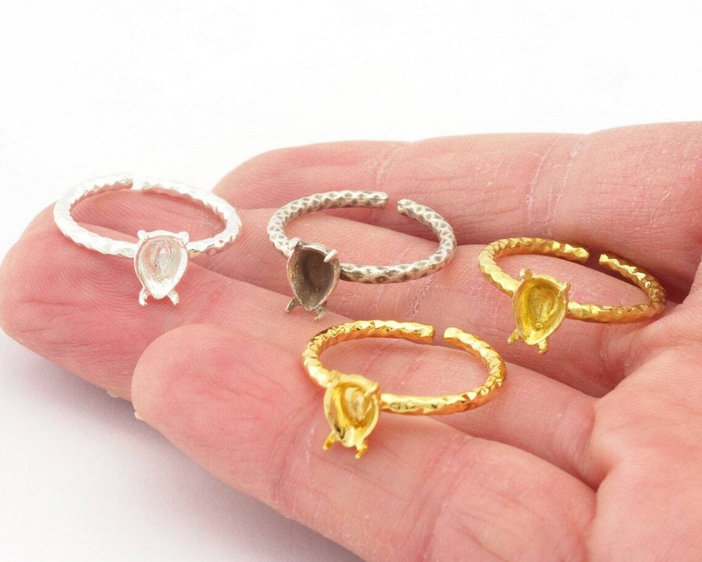 Pear Hammered Ring Base Adjustable Ring Bezel Silver,Raw,Shiny silver-gold 4571