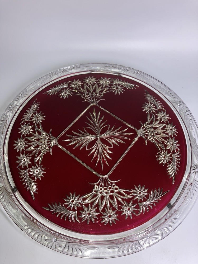 Vintage Mercury Silver Ruby Red Platter Stand Goofus Glass Beautiful