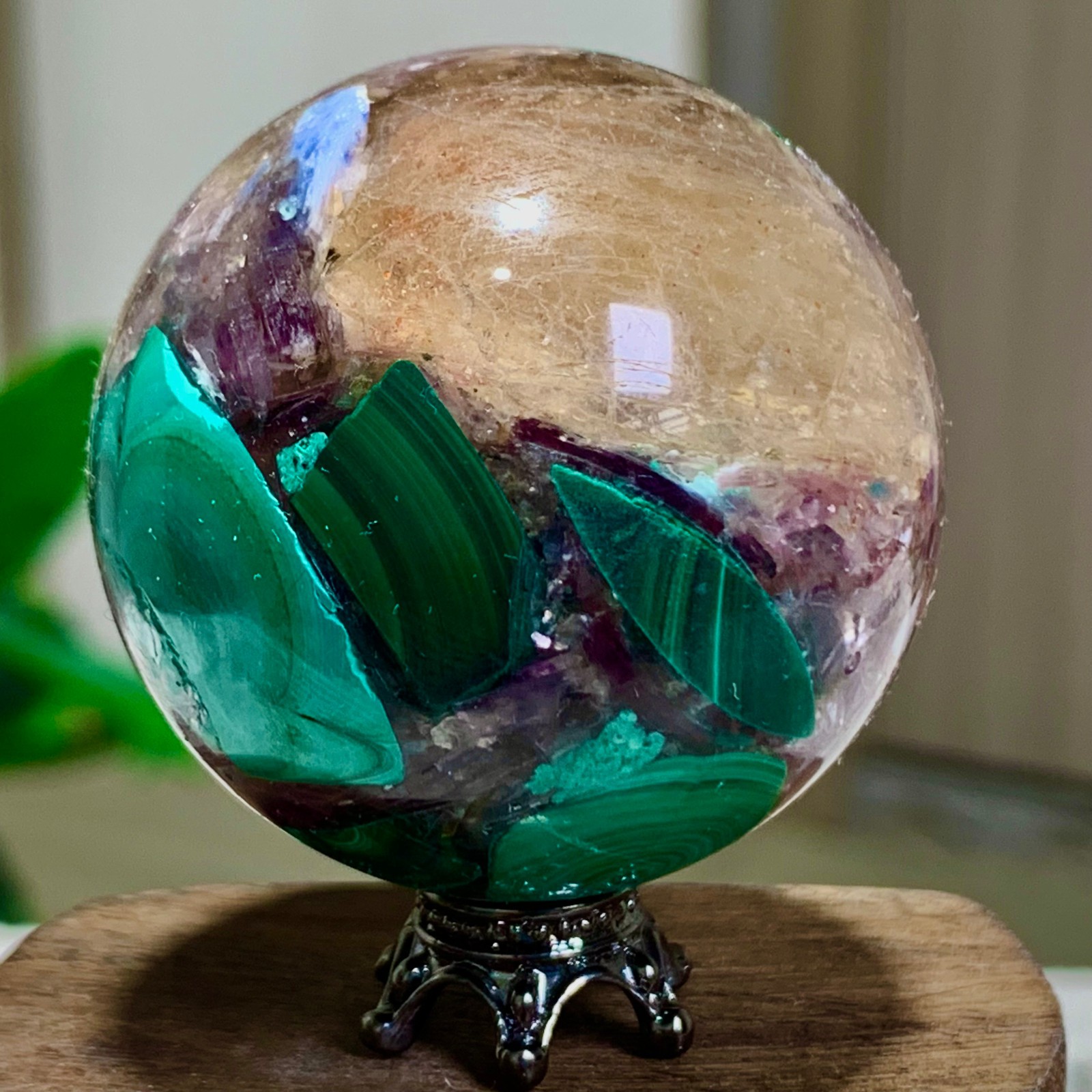 97G Newly discovered rare malachite purple mica symbiotic sphere restoration