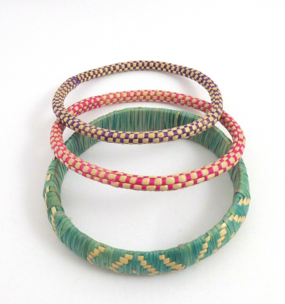 3 VTG Handmade Straw Weave Bangle Bracelets Multi Colored Native Design