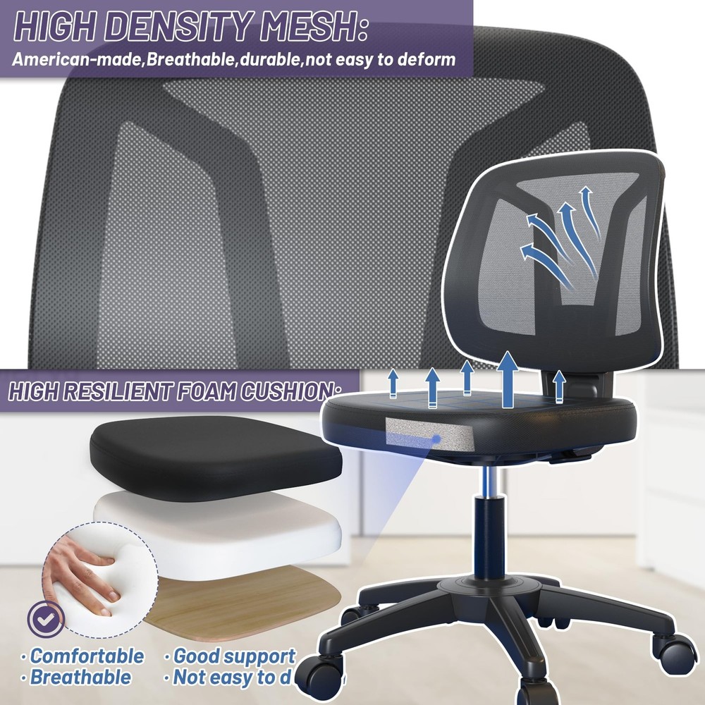 Armless Mid-Back Small Swivel Adjustable Computer Desk Office Chair Without A...