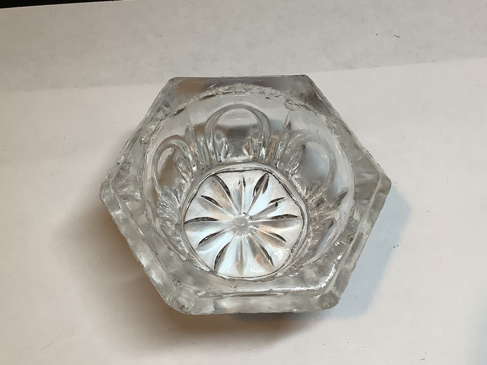 Lacy Glass Era 1825-1850 Hexagonal Shape Flower Base Patterned Open Salt Cellar