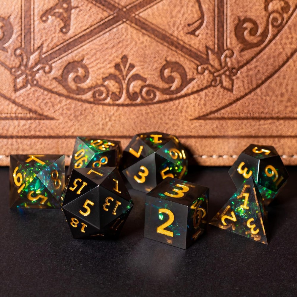 Resin DND Dice Set, 7 Pieces Handmade Sharp Edge Polyhedral Dice for Dungeons...