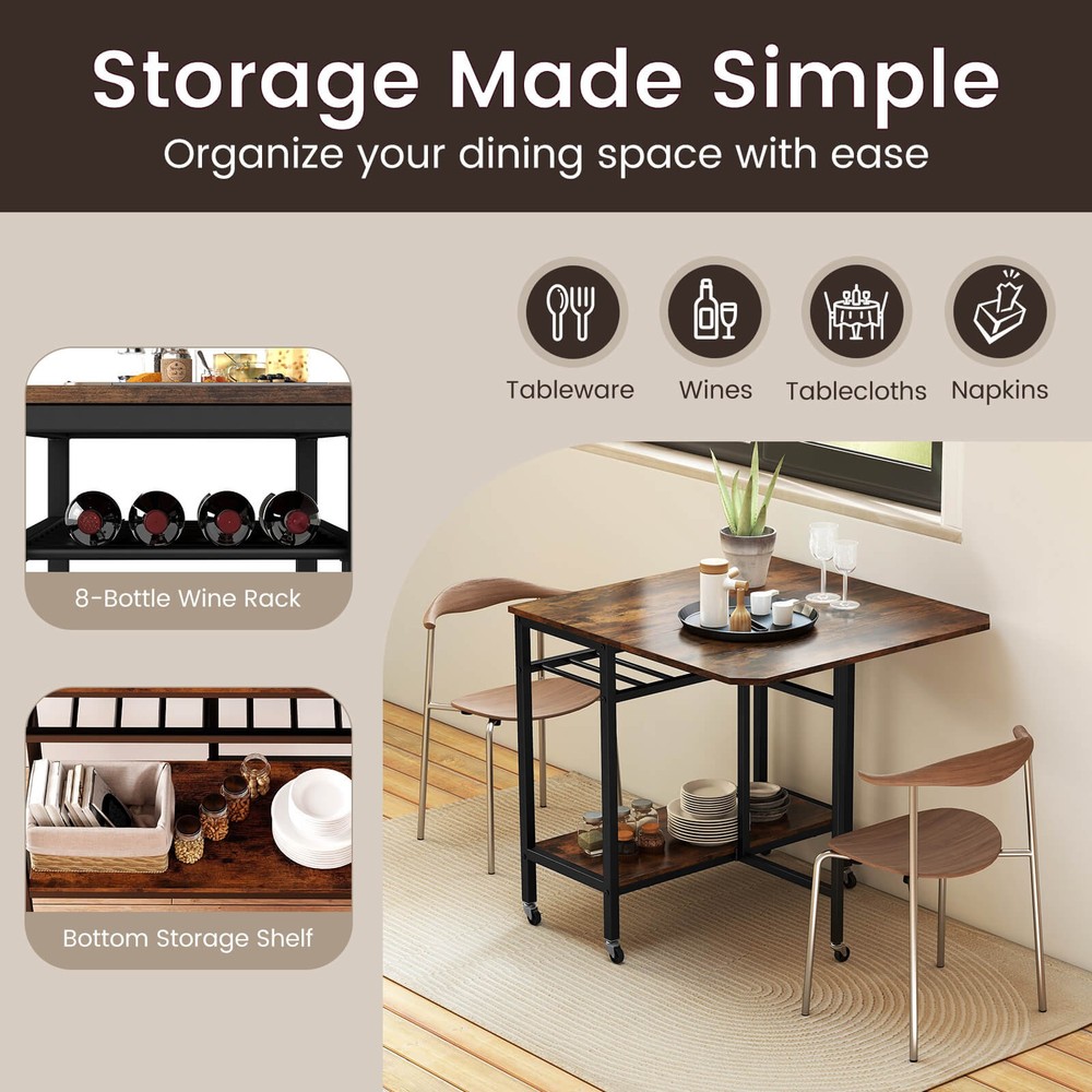Folding Dining Table Movable Kitchen Table with Wine Rack Storage Shelf & Wheels