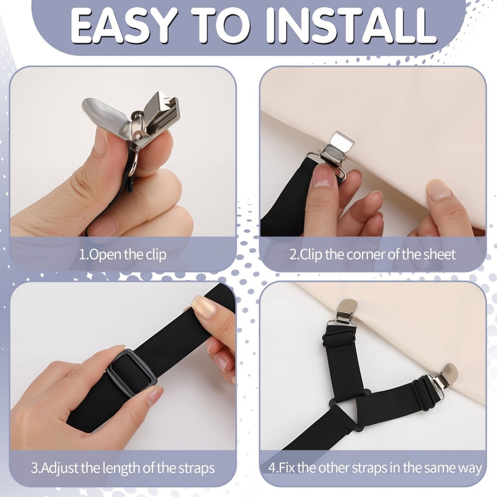 6 Pack Adjustable 2 Way Bed Sheet Straps Clips Elastic Bed Sheets Straps