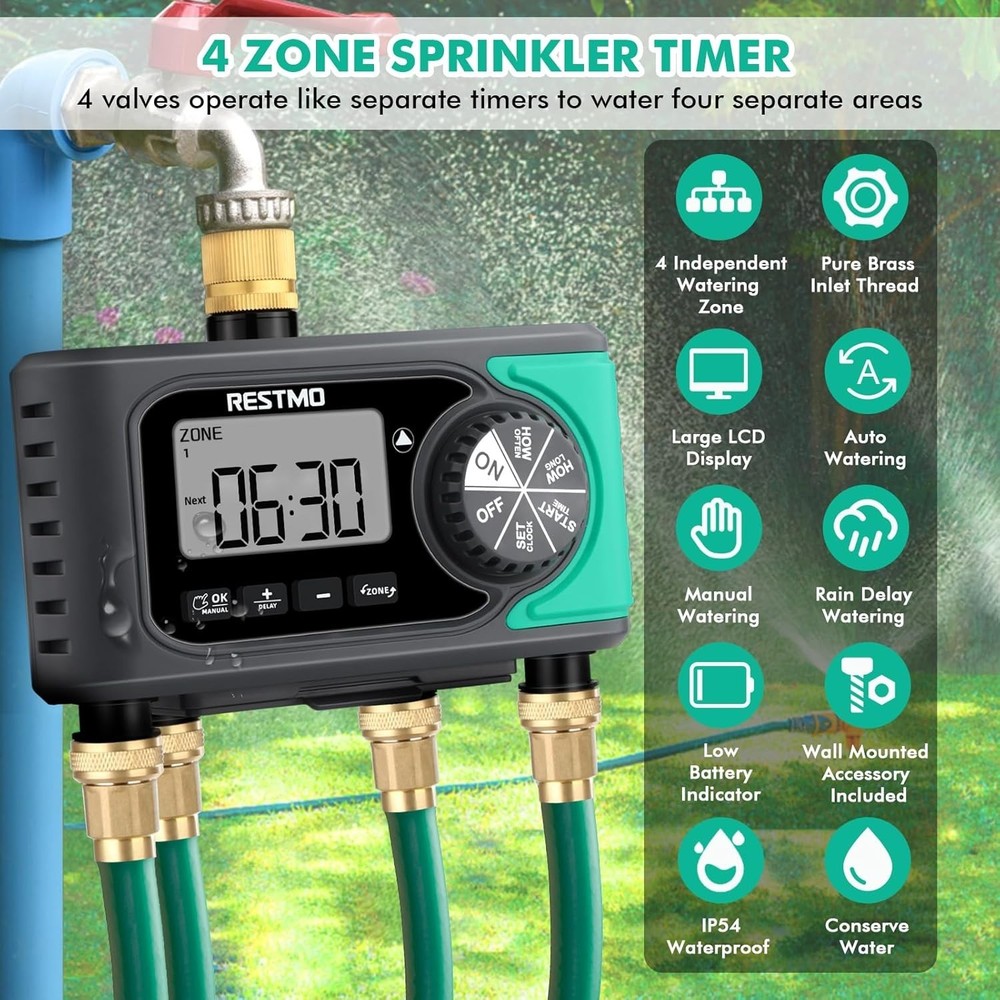 Programmable 4-Zone Sprinkler Timer with Brass Inlet for Effortless Garden Care