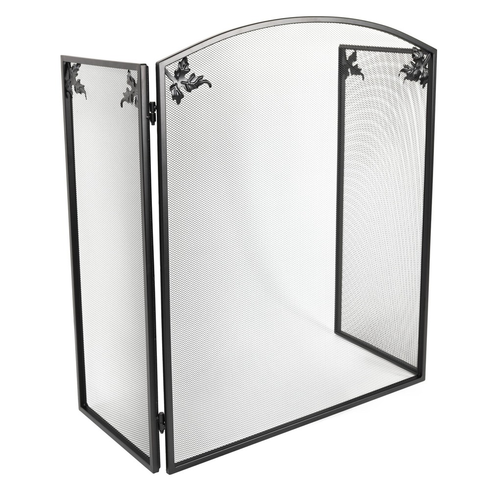 3 Panel Foldable Black Fireplace Screen Arched Fireplace Gate W/ Classic Leaf