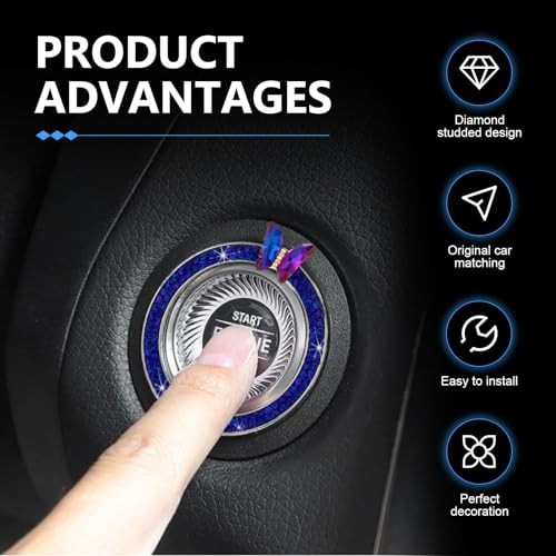 Bling Car Engine Start Stop Decoration Ring, Sparkling Butterfly Push dark blue