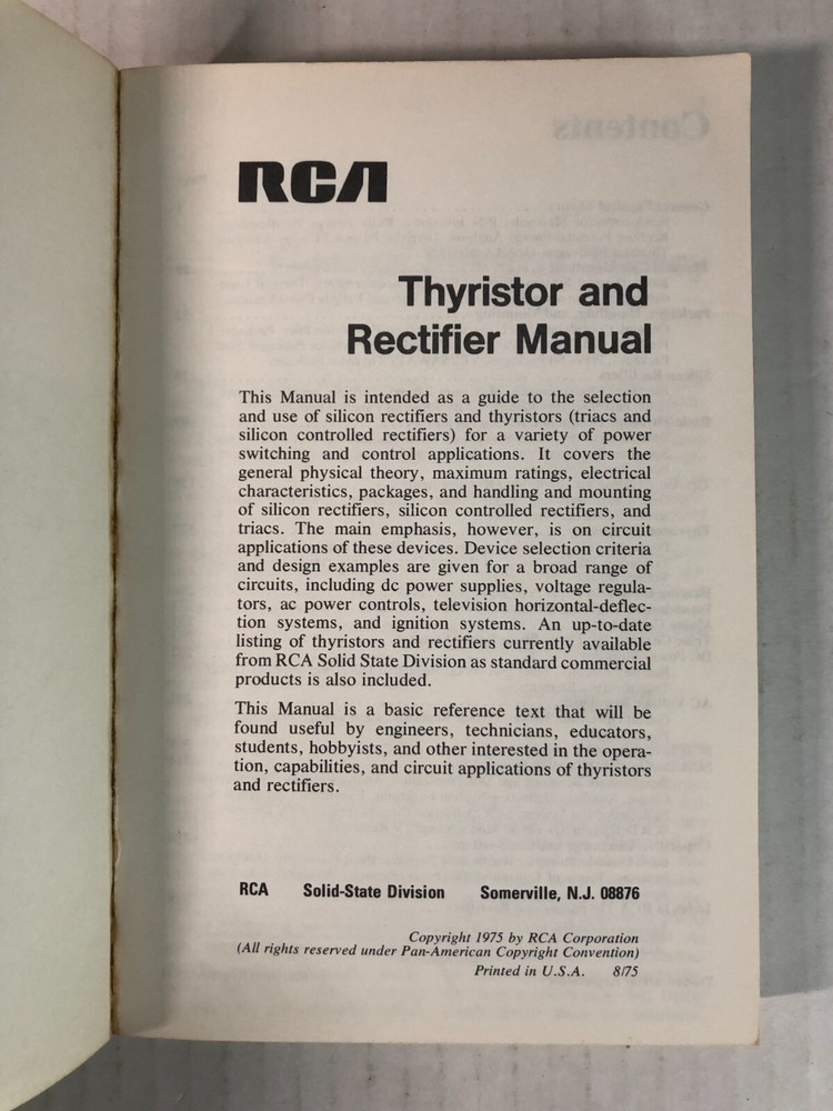 Thyristor & Rectifier Manual RCA Solid State : 1975 TRM-445 vtg