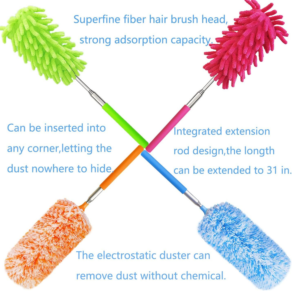 4 Pack 13" to 30" Extendable Feather Duster Kit, Washable Duster Head, Microfibe