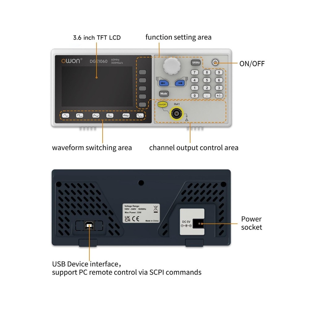 OWON Waveform Generator, 60MHz Bandwidth,300MSa/s Sampling Rate, 14 bits Vert...