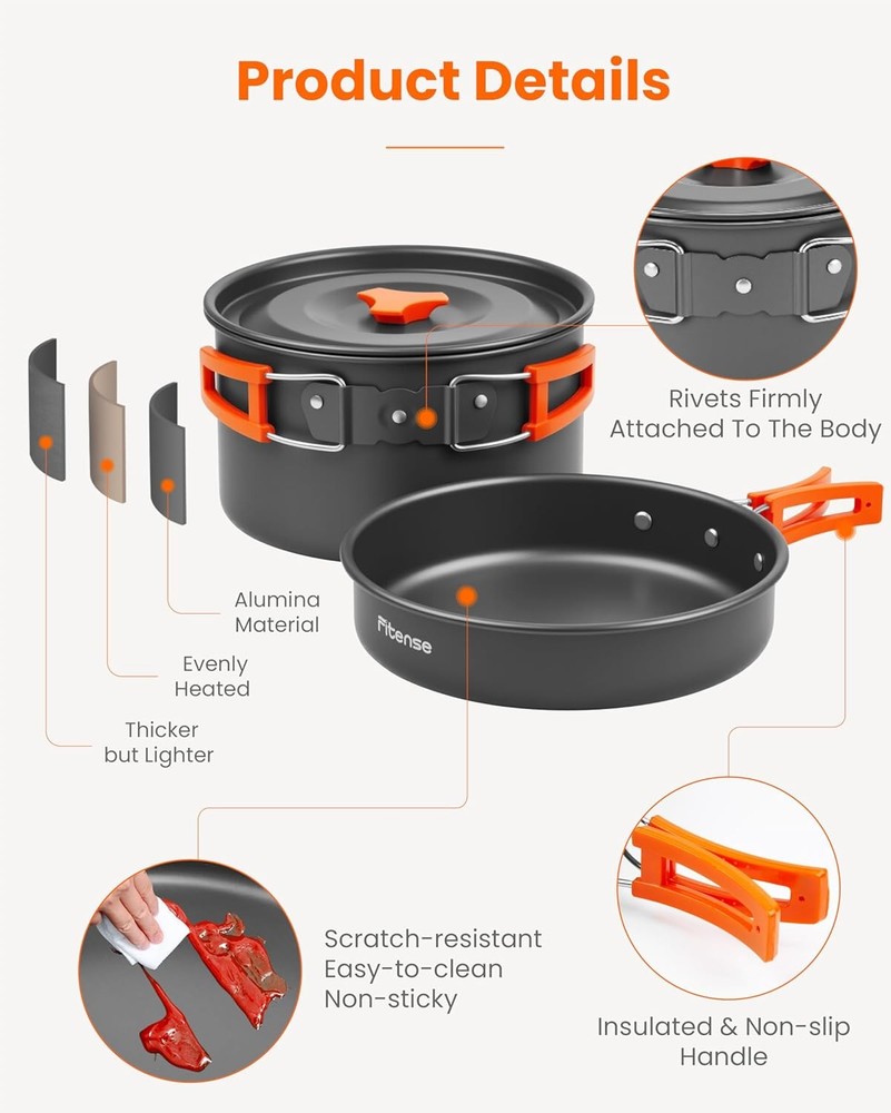 22Pcs Camping Cookware Mess Kit for 2, Lightweight Large, Silver, Orange