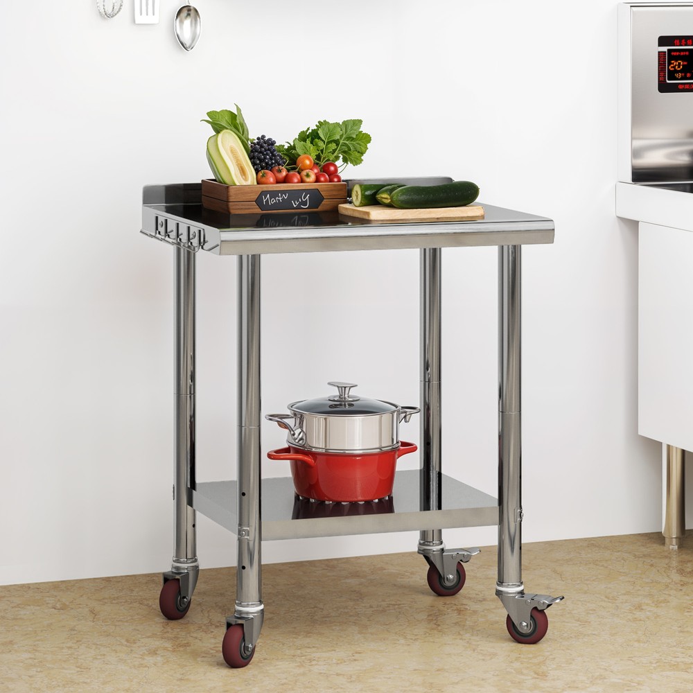 30" Work Table Stainless Steel Undershelf Kitchen Prep Backsplash w/ Hook Wheels