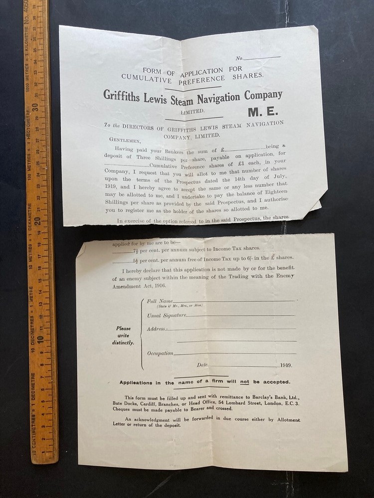 Griffiths Lewis Steam Navigation Company shares application form torn