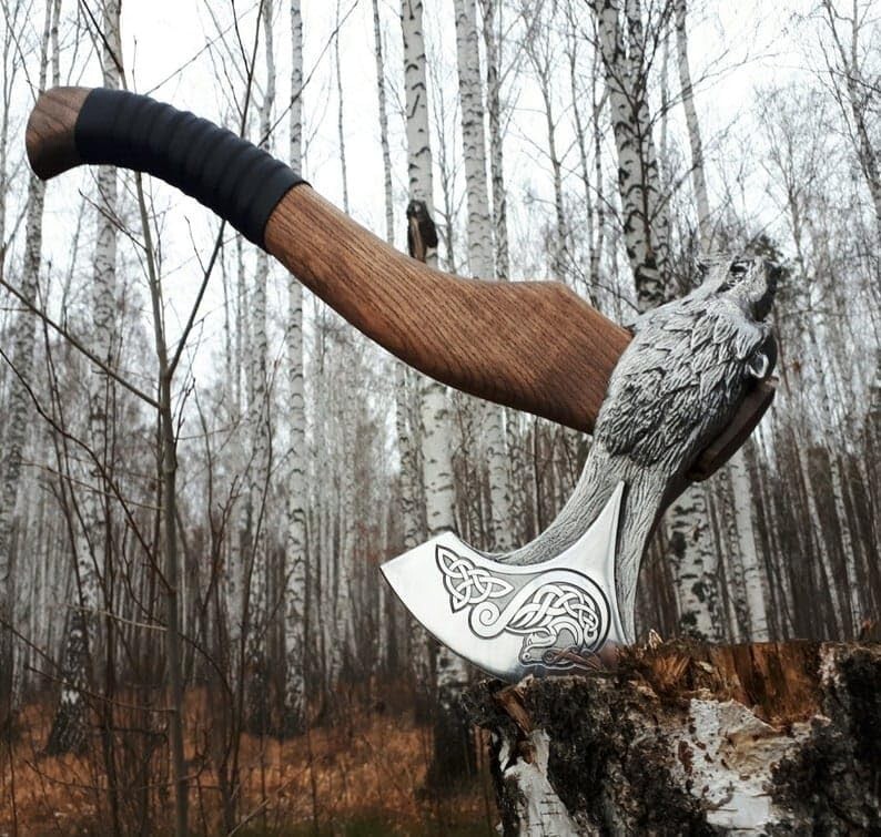 Custom Handmade Wolf Head Carbon Steel 19'' Viking Axe Working Bearded Hatchet