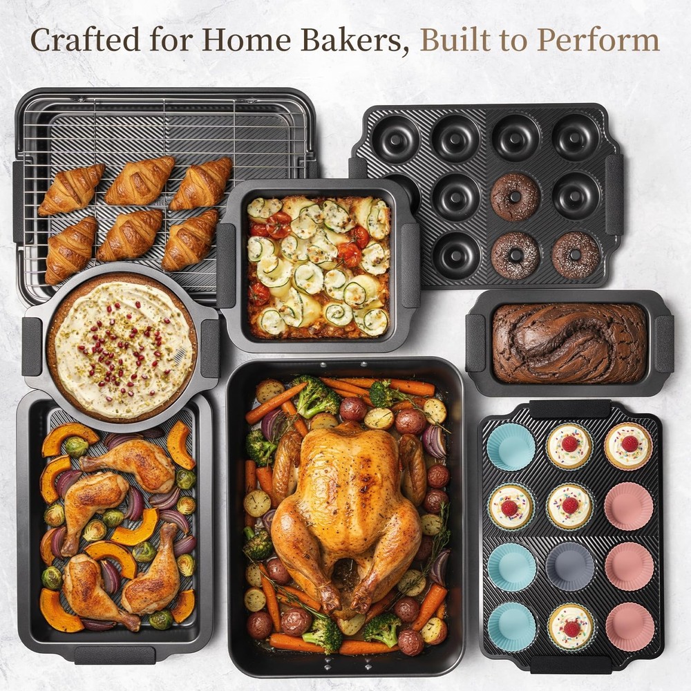 25 PCS Stackable Baking Pans Set, Non-stick Bakeware Sets with Silicone Handl...