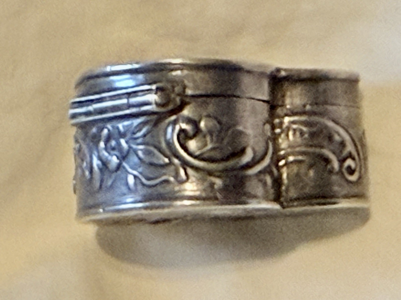 Antique Old Couple Cherub Dog Repousse Hanau .800 Silver Heart Pill Box German