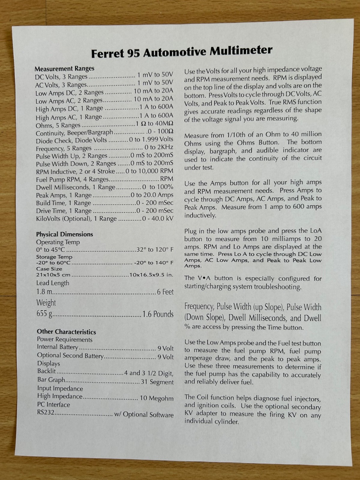 FERRET 95 AUTOMOTIVE MULTIMETER ENGINE ANALYZER (High quality better than most!)