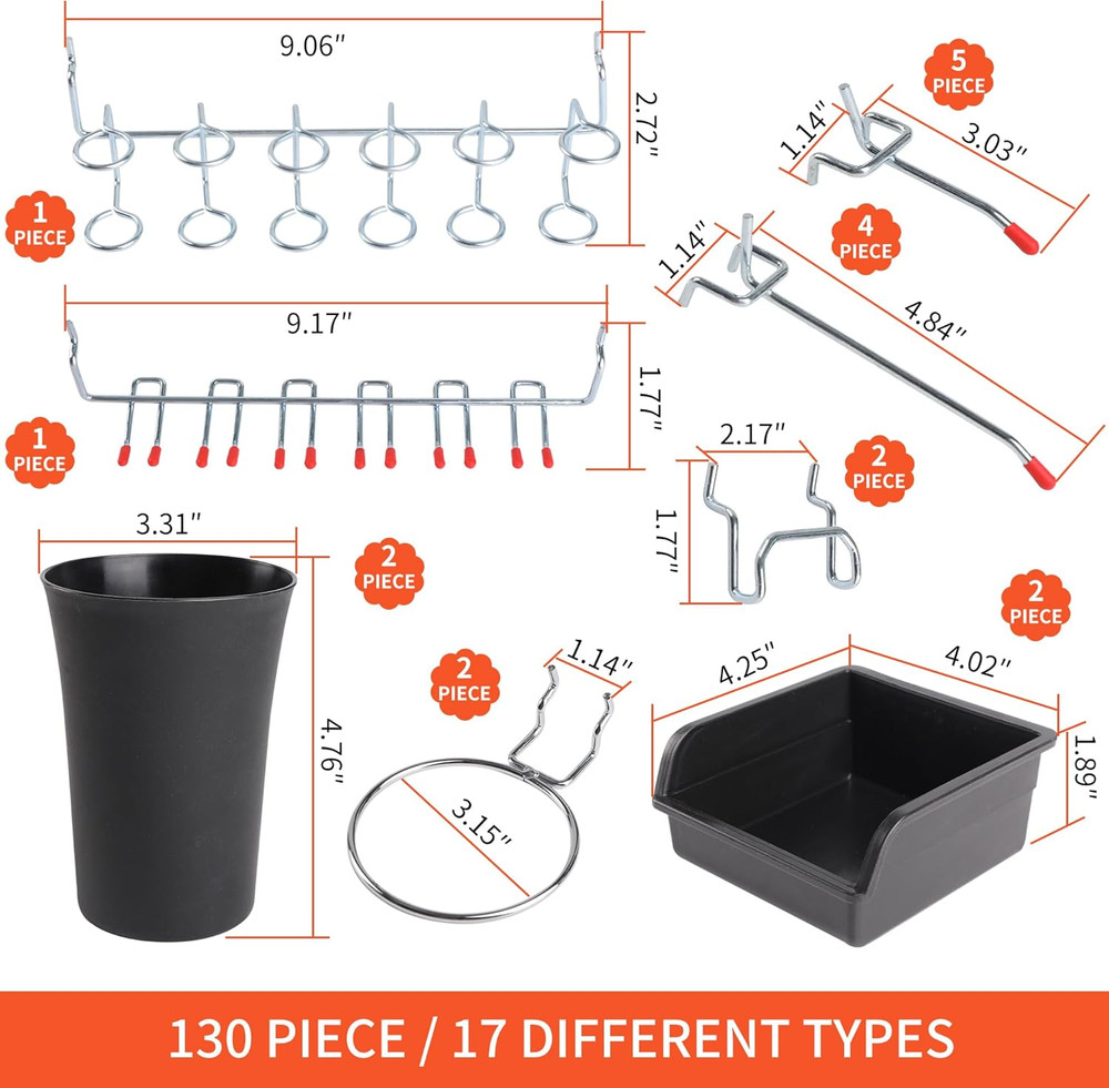130PCS Pegboard Hooks Assortment - Peg Board Hooks for Hanging Tools with Pegboa
