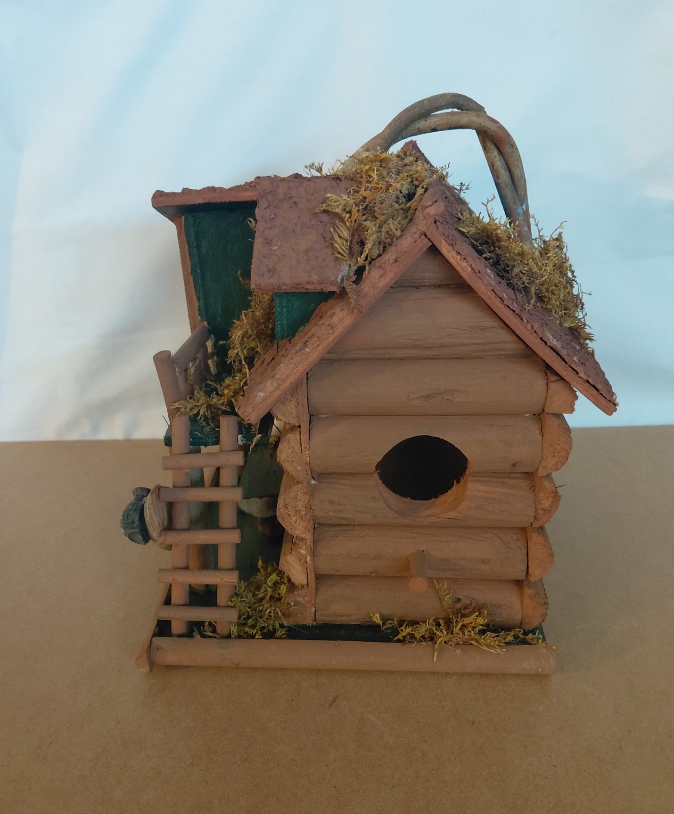 Rustic Gone Fishing Log Cabin Birdhouse Cottage Wood Bark Moss Accents Unused