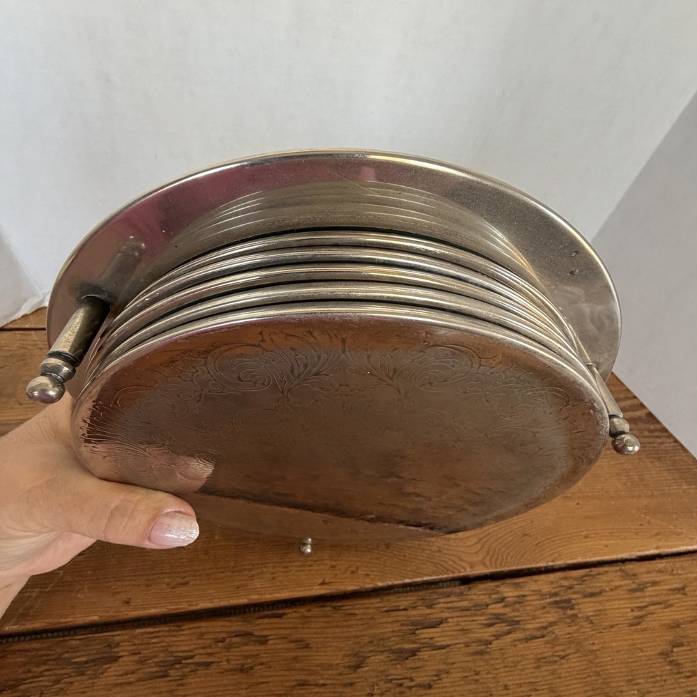 Vtg 70’s Silver Plate Scroll Design Engraved Round 5 Pc Trivet Set W/ Holder 7.5