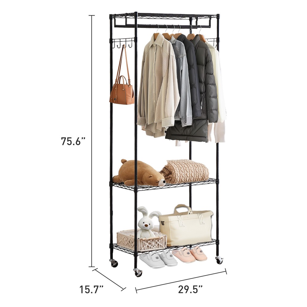 Clothes Rack Portable Adjustable Wire Shelves with Hanging Rods/Side Hooks