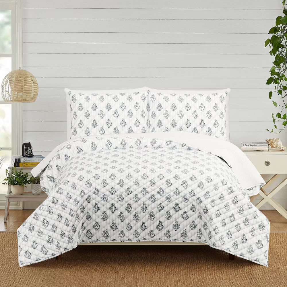Modern Heirloom 3pc King Block Print Quilt Set Blue