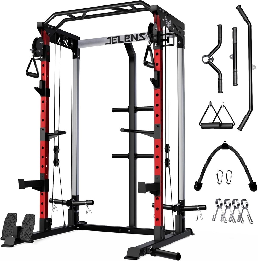 Power Rack Cage, Weight Rack with Dual Pulley Cable Crossover Machine,Multi-Func