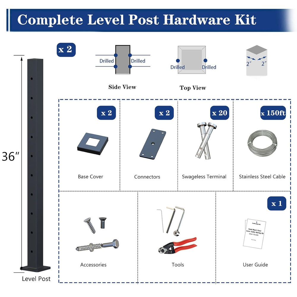 DIY 5-10FT Cable Railing Kit with 36" Posts & 150FT Cable - Black Powder-Coated
