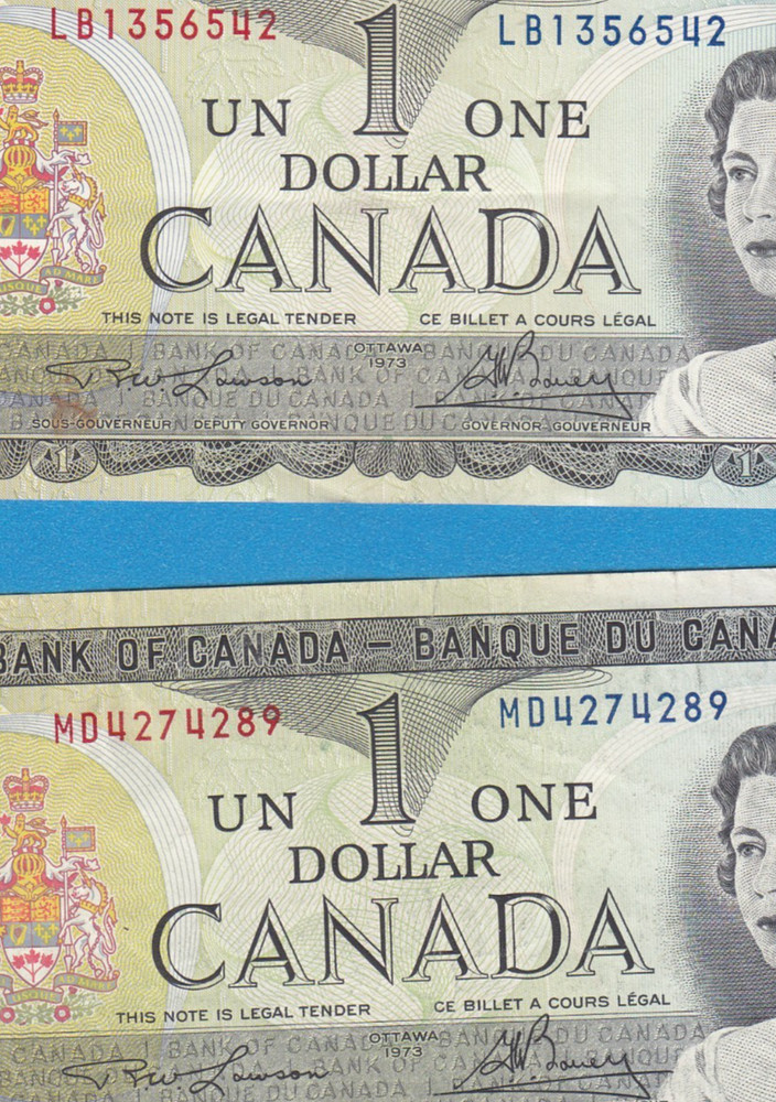 Two 1973 $1 Canada Banknotes (Lawson-Bouey) (Ottawa)