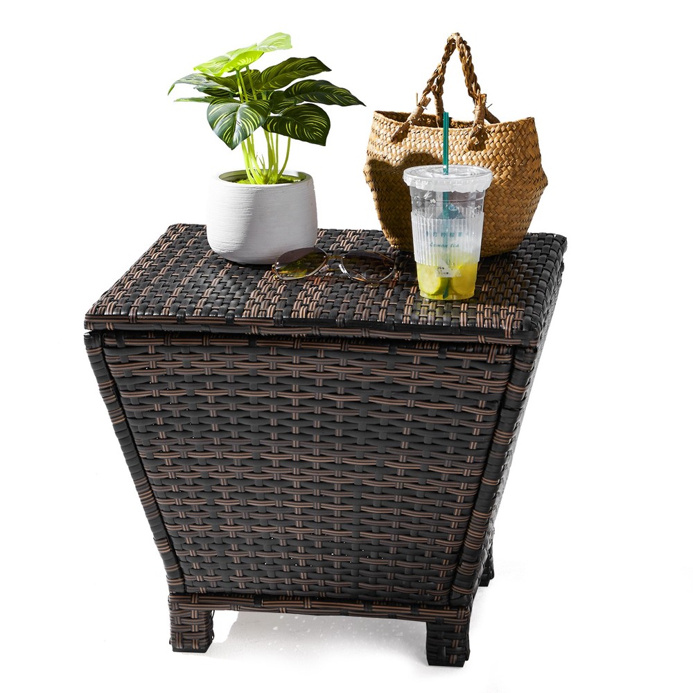 Outdoor PE Wicker Side Table with Storage, Small Patio Storage Bin Container