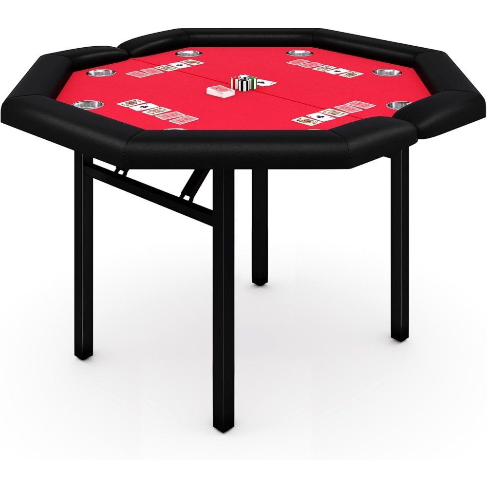 Complete 8-Player Poker Set: Foldable Octagon Table W/ Padded Rail & Cup Holder