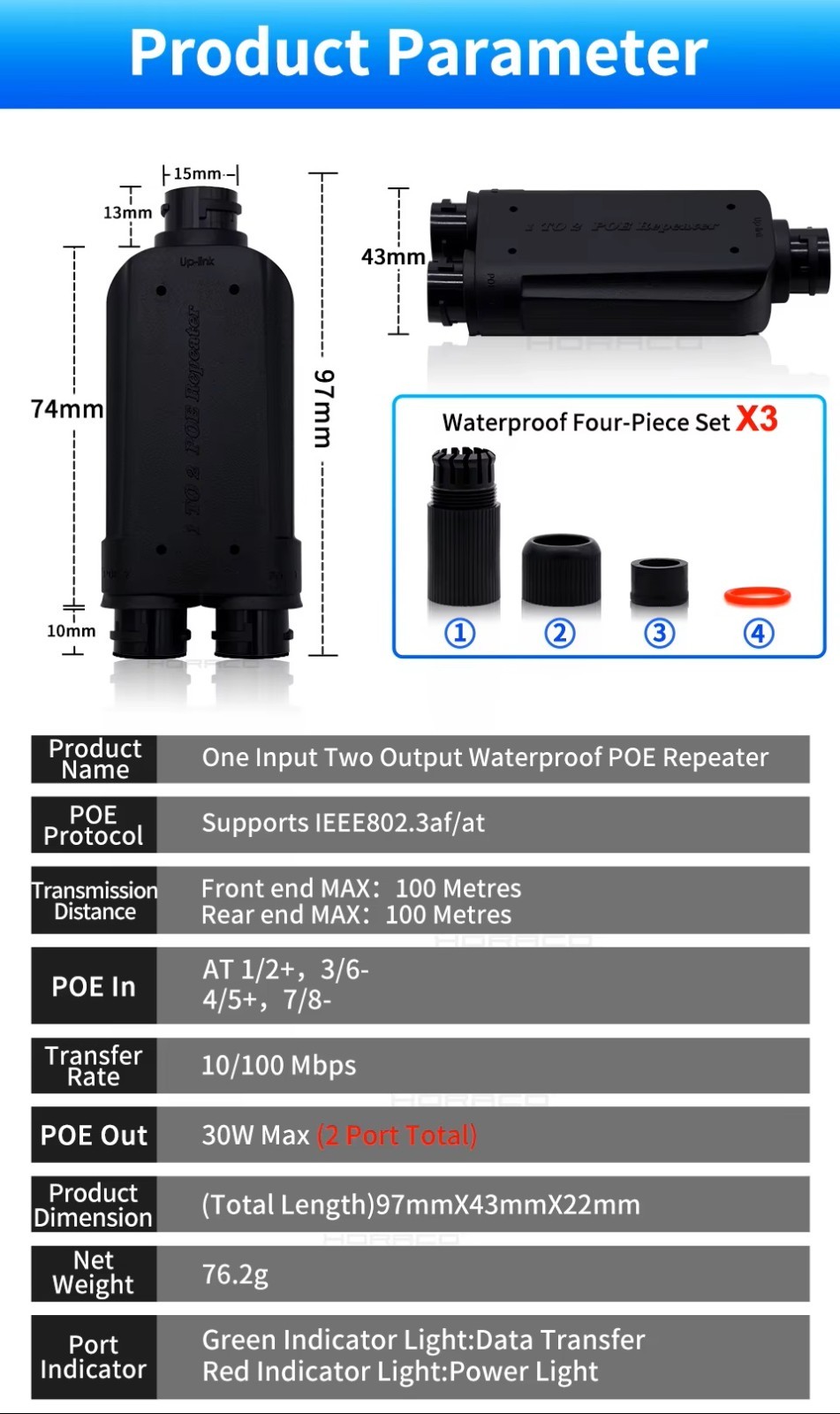 2 Port Waterproof POE Repeater IP66 10/100Mbps 1 to 2 PoE Extender