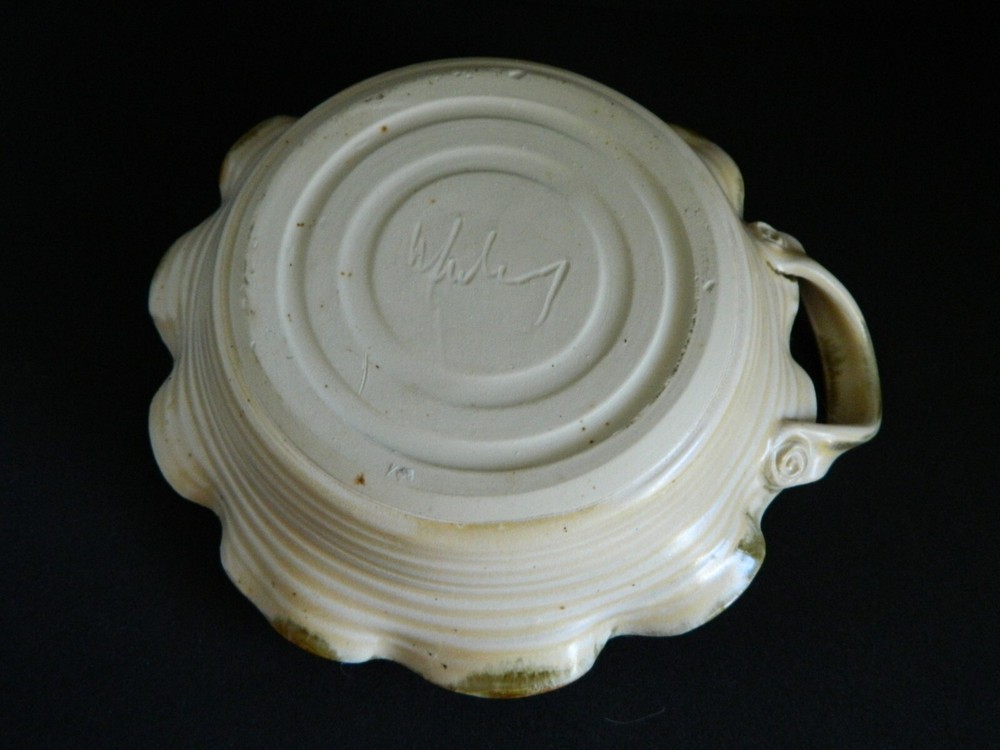 Studio Pottery Scalloped Edge Dish with applied Handle Signed