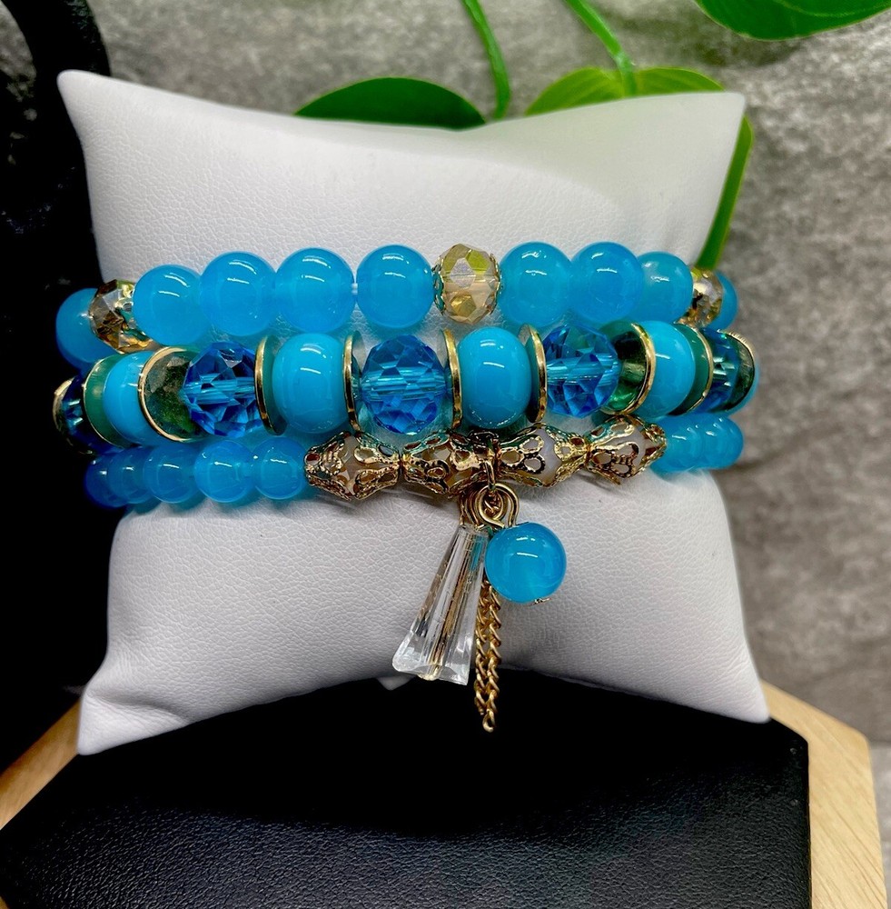 3 PC Handmade Boho Beaded Stackable 6.5” Plus Stretch Bracelet Set New B1349