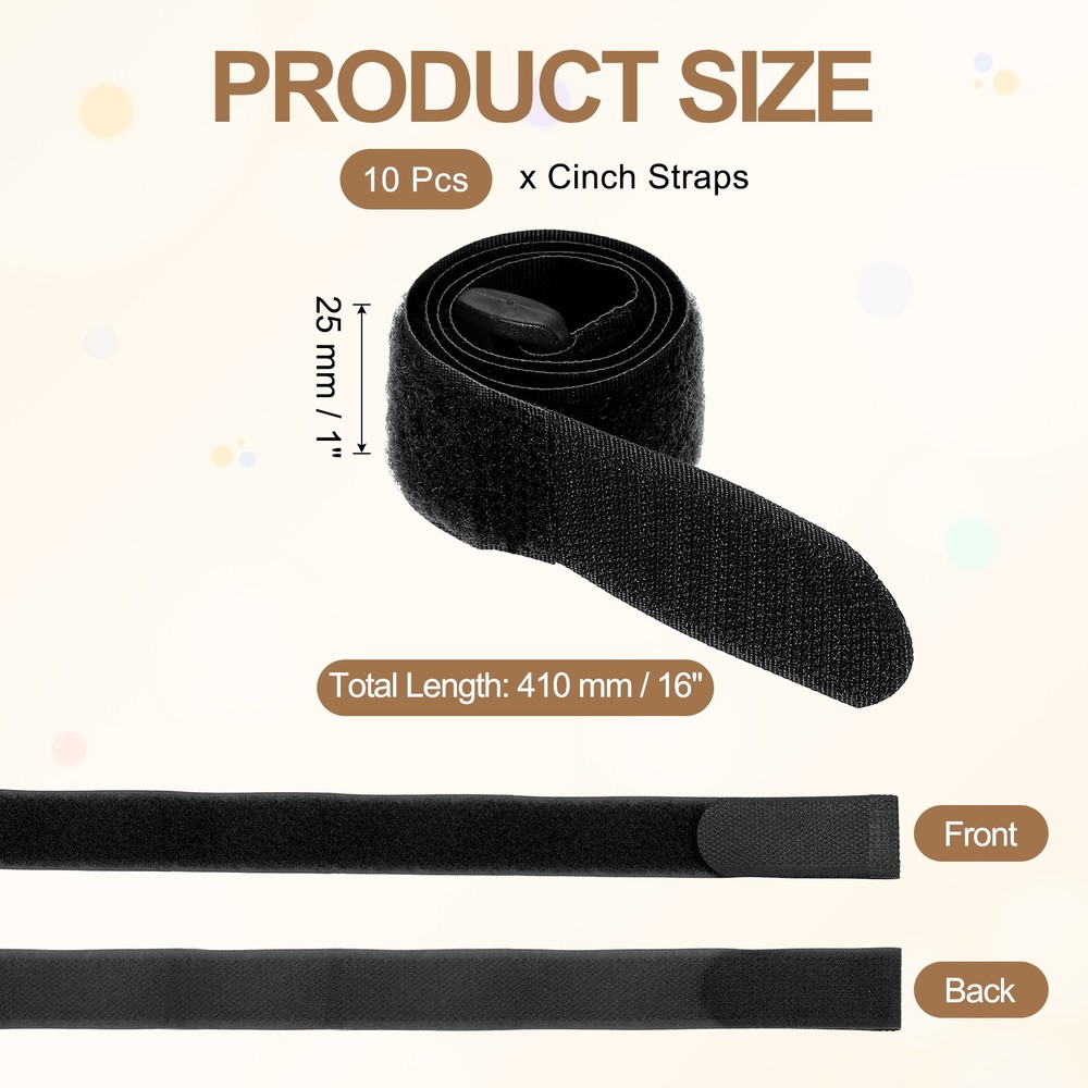 10pcs Reusable Cinch Straps 1"x16" Hook and Loop Cable Securing Straps, Black
