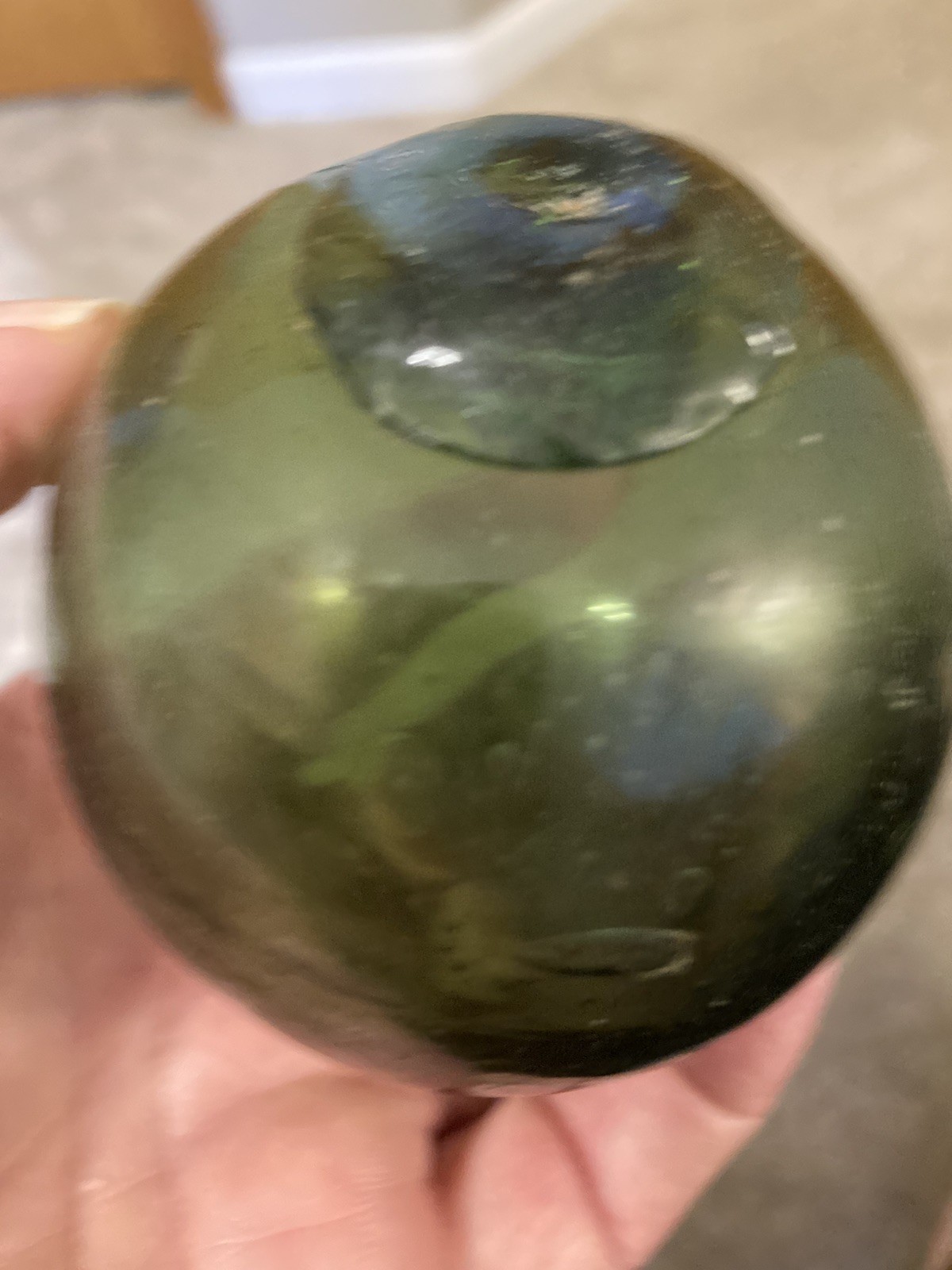 Vintage Japanese Glass Fishing Float Olive Green Net Buoy Nautical Decor