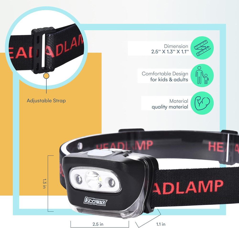 ACOWAY LED Headlamp - Bright Adjustable Flashlight for Outdoor Activities