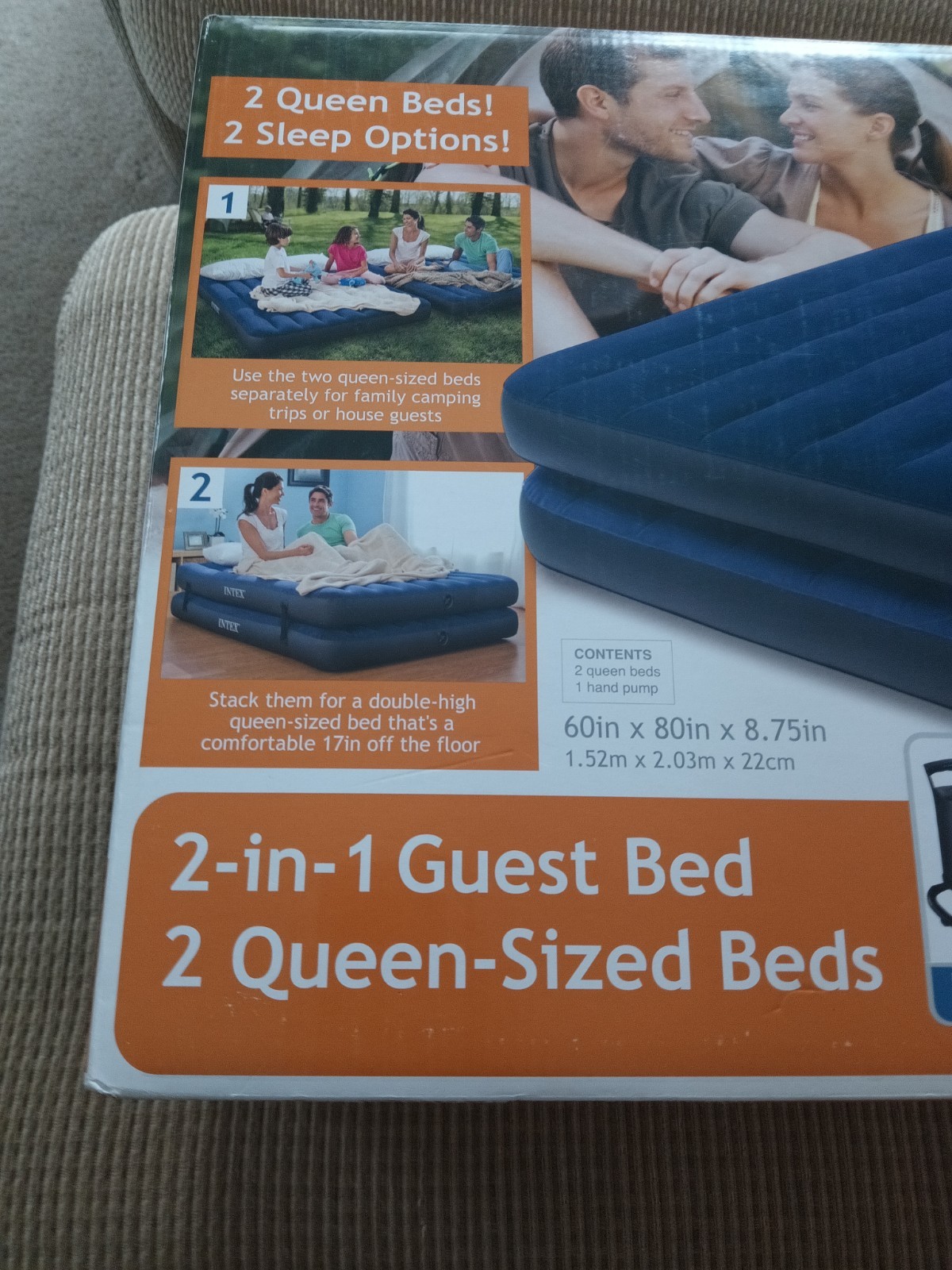Intex 2 in 1 Guest Bed 2 Queen Sized Air Mattress Beds w/ Hi Output Hand Pump