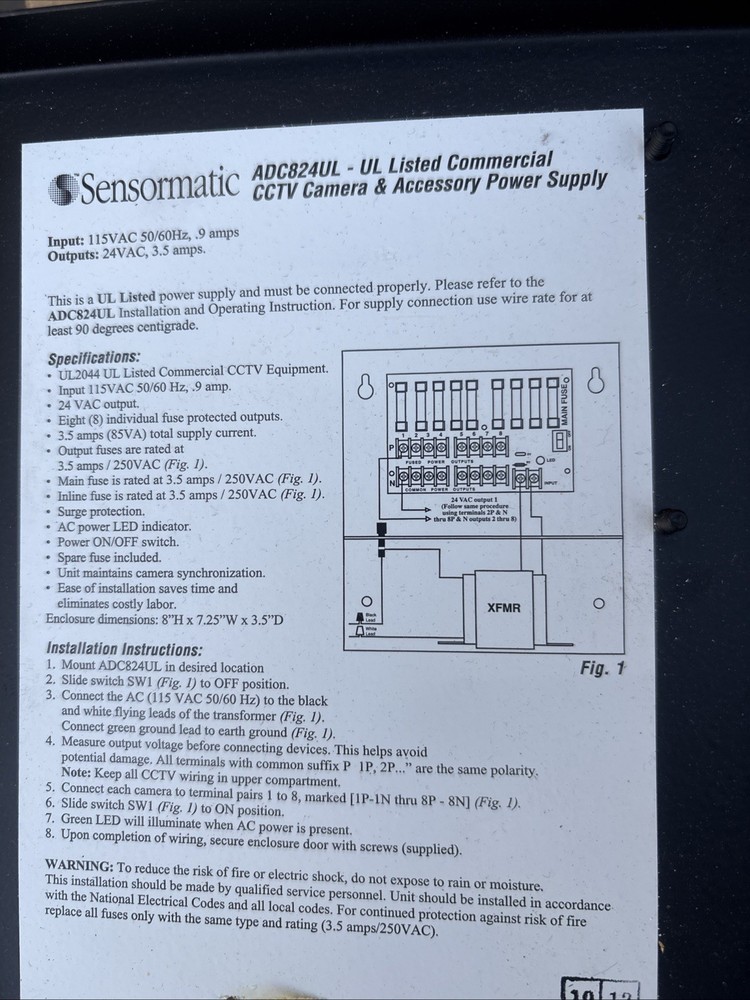 Sensormatic ADC824UL CCTV Power Supply