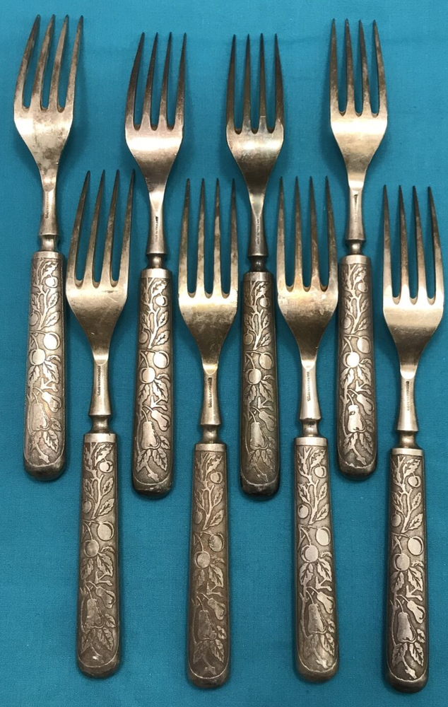 8 Pc Silverplated Solid Bolster Forks UNIDENTIFIED Pears & Cherries 1847 Rogers