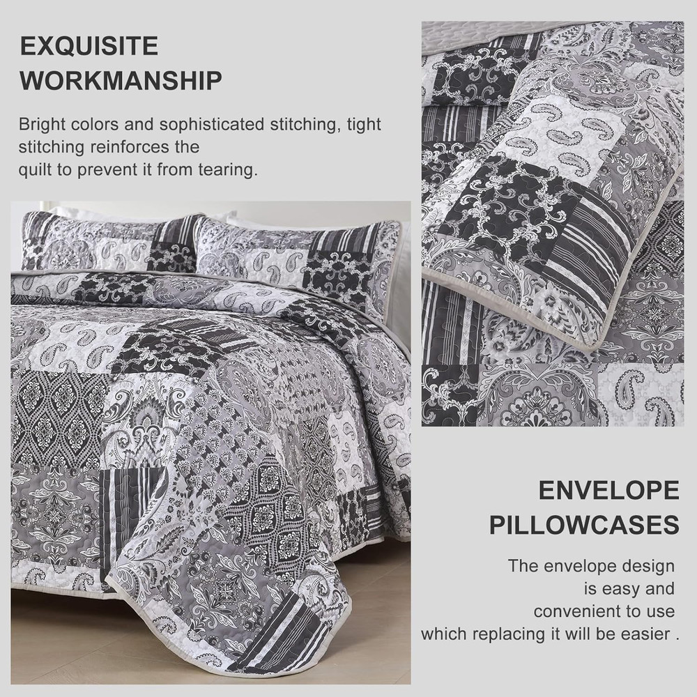 King Size Grey Quilt Set Patchwork Plaid Boho Bedding 3 Piece Bedspread Set