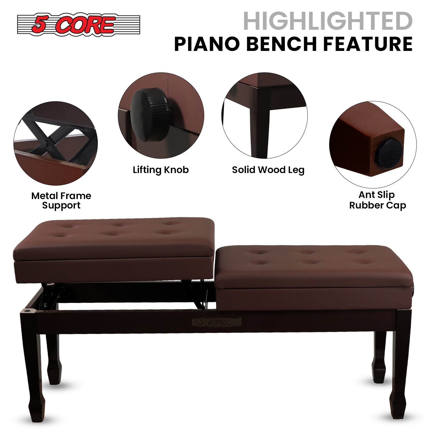 5 Core Duet Piano Bench 3.5 Inch Padded Cushioned Double Seater Wooden Stool