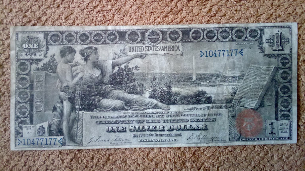 1896 $1 ONE DOLLAR LARGE-SIZE SILVER CERTIFICATE EDUCATIONAL NOTE, VF+, RED SEAL