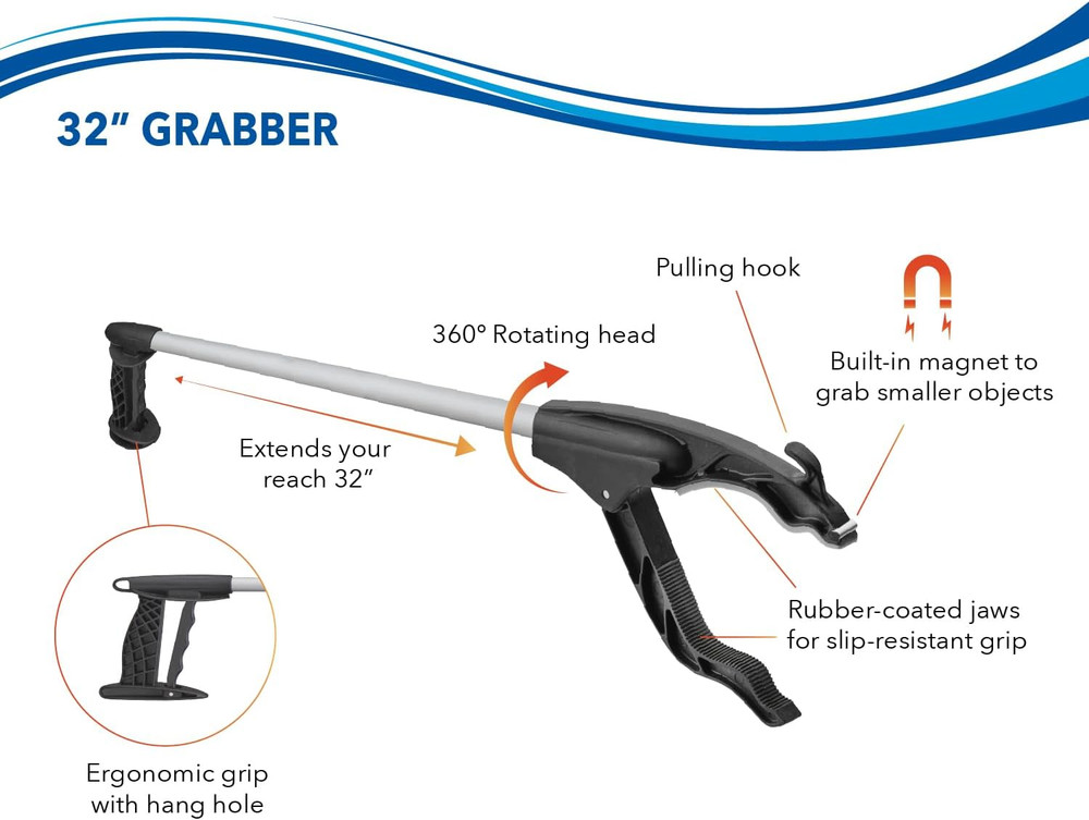 32" Lightweight Reacher Tool with Trigger Grip, Rotating Head, and Magnetic Tip